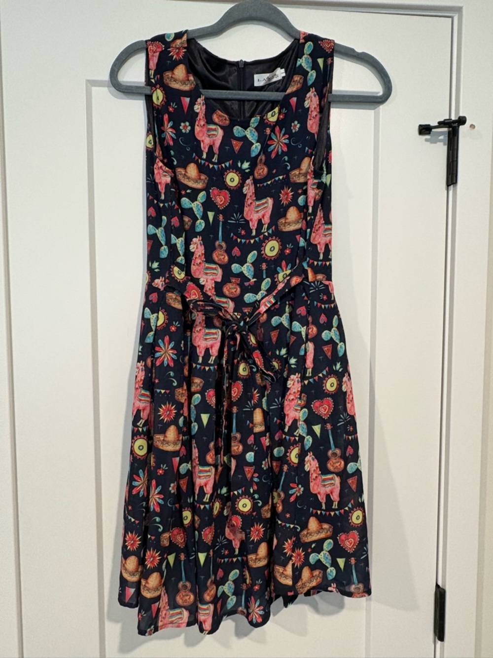 Women’s Navy Midi Dress with Colorful Folk Print